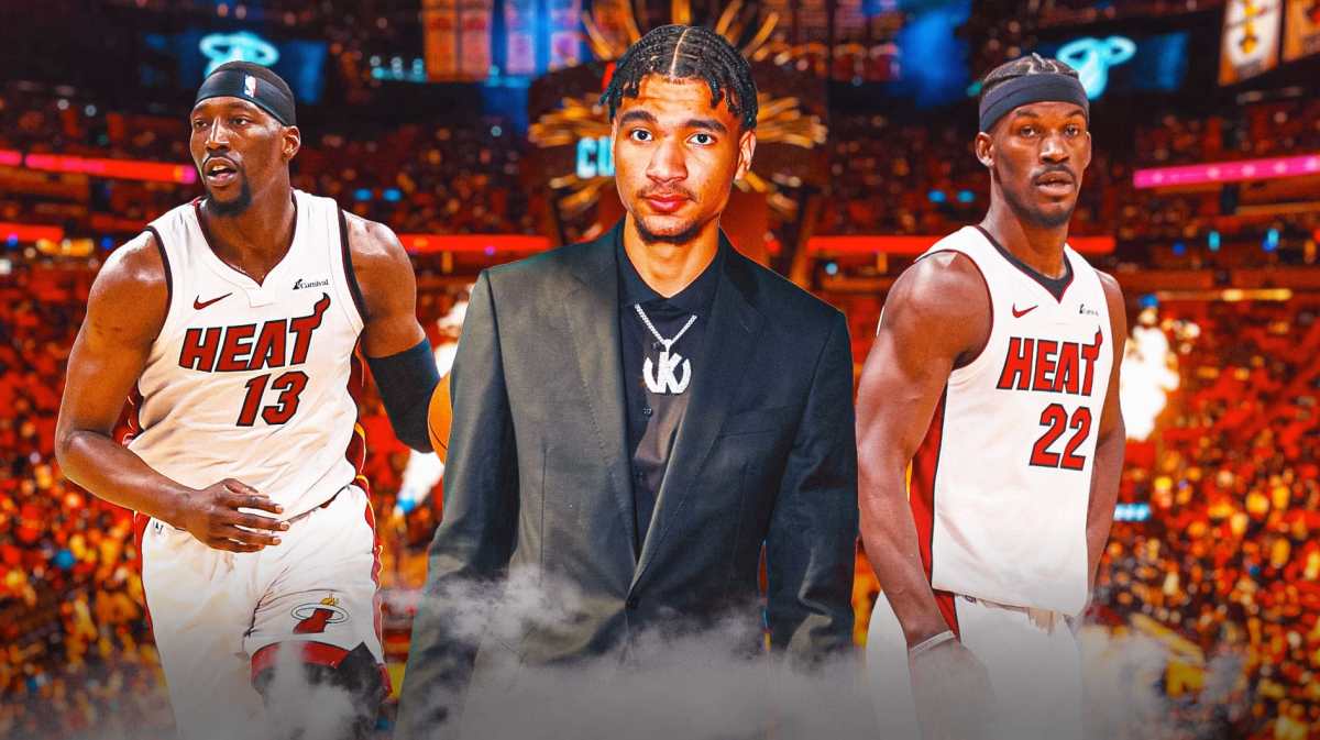 Miami Heat's Kel'el Ware, Bam Adebayo, and Jimmy Butler in front of Kaseya Center.