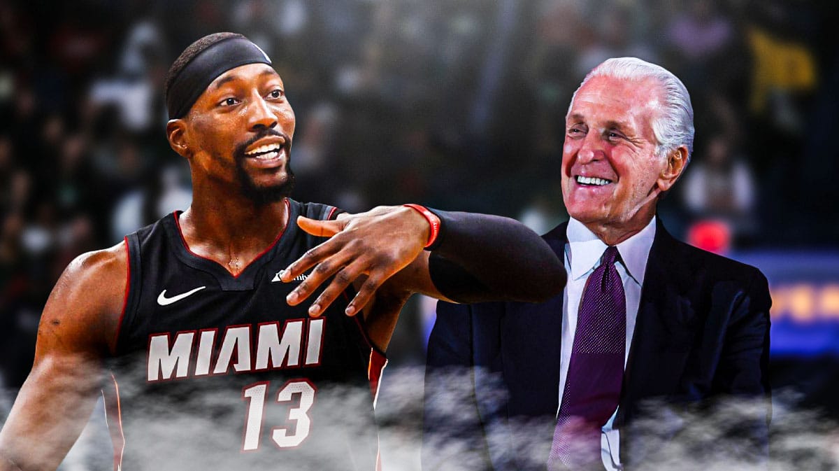 Heat center Bam Adebayo hyped up, with Pat Riley beside him smiling, smoke all over