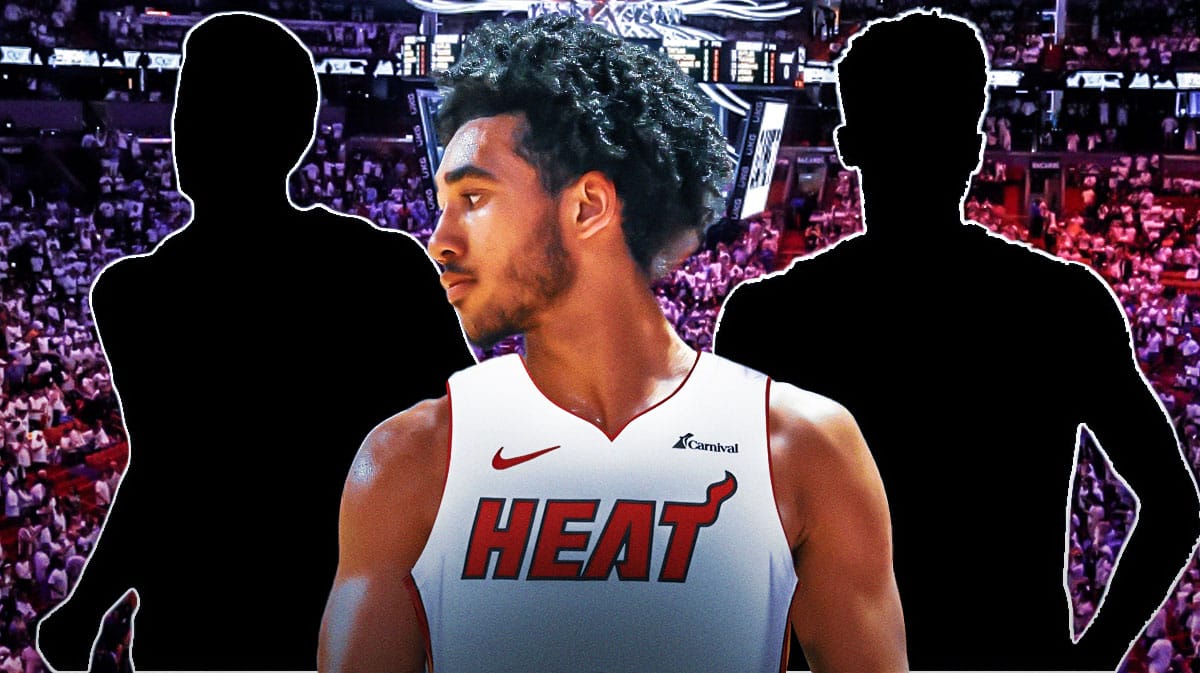 Jared McCain in a Heat jersey next to a silhouette of Zach Edey, and a silhouette of Tristan da Silva