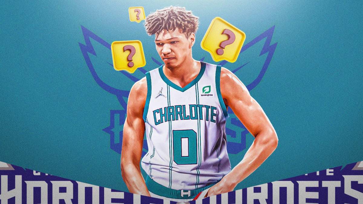 Tidjane Salaun in Hornets jersey with question marks above his head