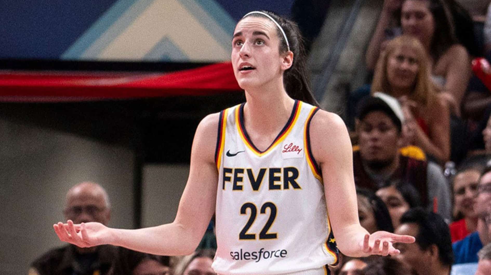 Indiana Fever guard Caitlin Clark (22) reacts after a foul Wednesday, June 19, 2024, during the game at Gainbridge Fieldhouse in Indianapolis. The Indiana Fever defeated the Washington Mystics, 88 - 81.