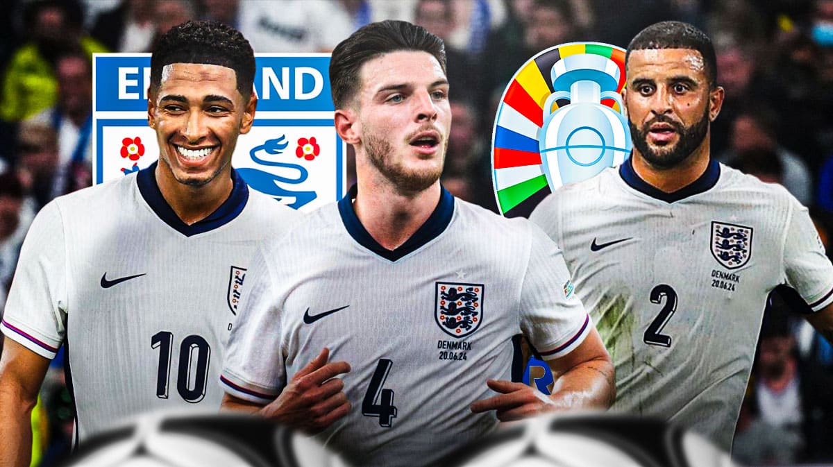 Jude Bellingham, Declan Rice, Kyle Walker in front of the England team and Euro 2024 logos