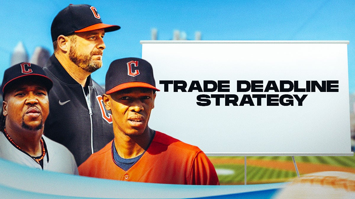 Guardians Jose Ramirez, Guardians Triston McKenzie, and Guardians Stephen Vogt standing next to a chalk board. On the board, write the following: TRADE DEADLINE STRATEGY