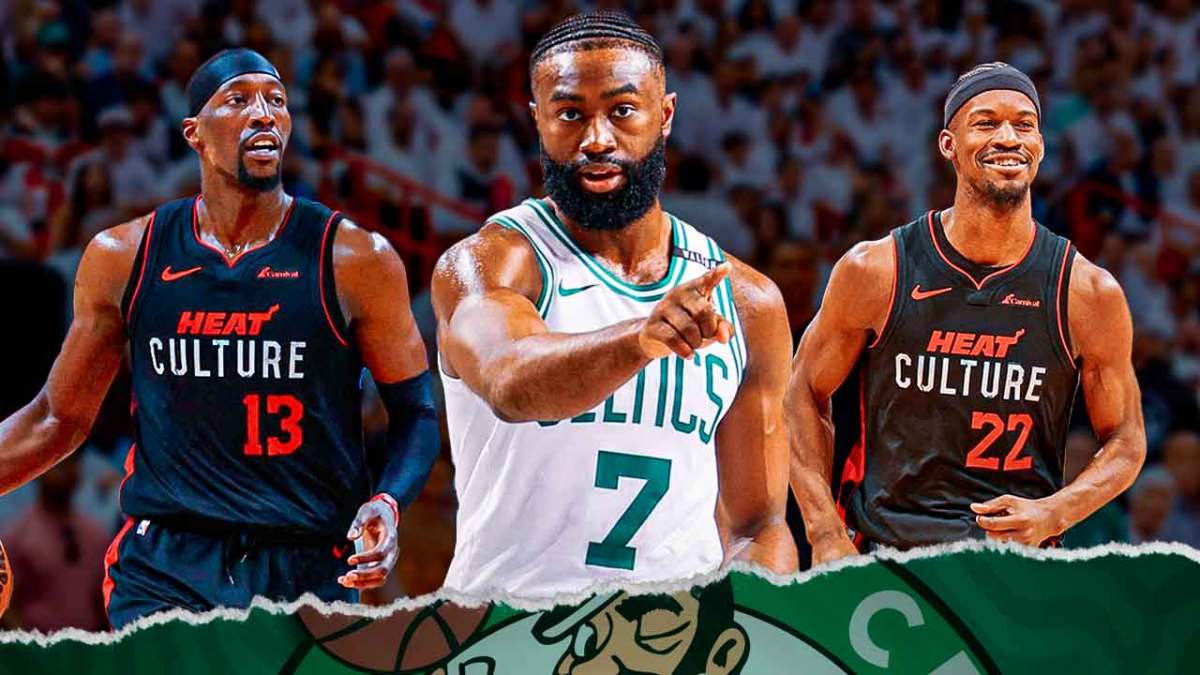 Celtics Jaylen Brown next to Heat Jimmy Butler, Bam Adebayo