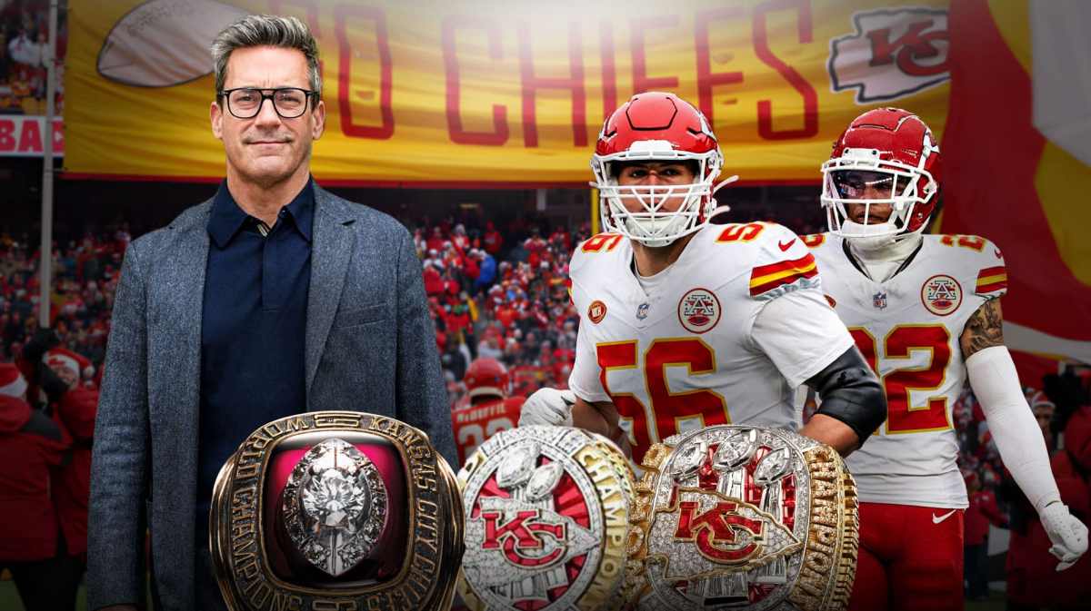 Jon Hamm, George Karlaftis and Trent McDuffie, Kansas City Chiefs Super Bowl rings