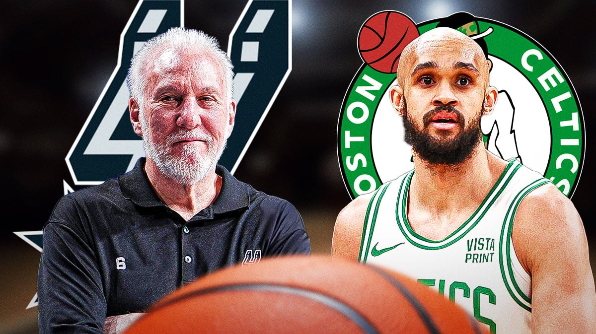 Gregg Popovich, San Antonio Spurs logo, Derrick White, Boston Celtics logo
