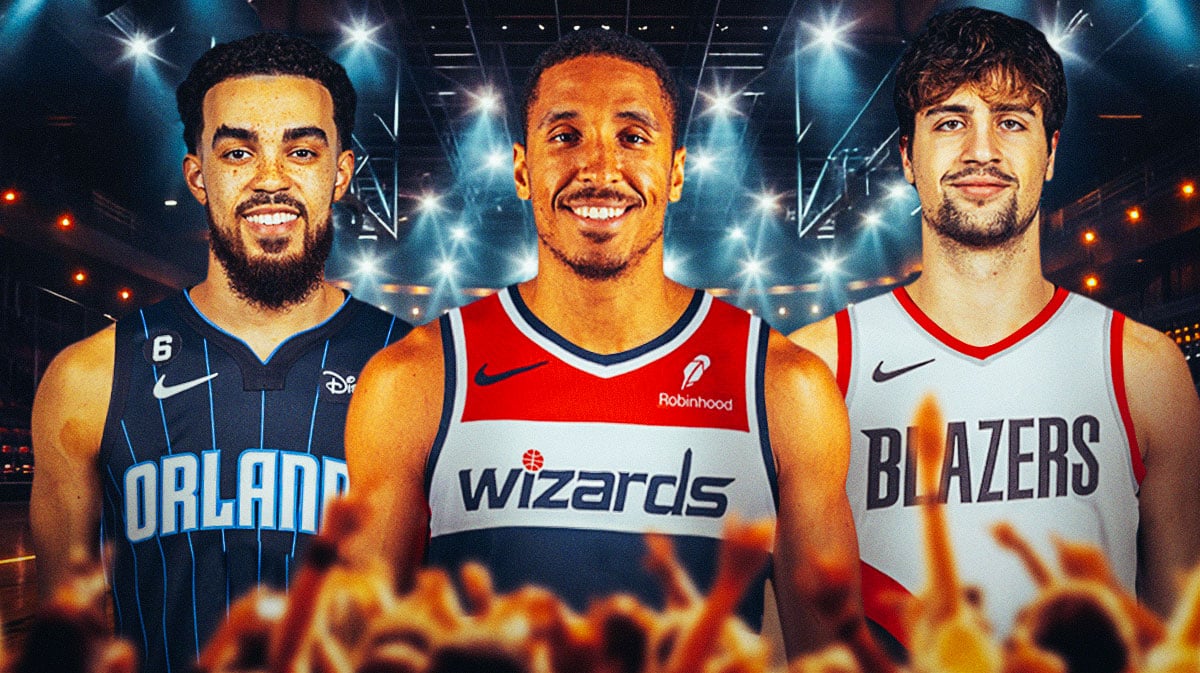 Tyus Jones in Magic uni, Malcolm Brogdon in Wizards uni, Deni Avdija in Blazers uni, all smiling