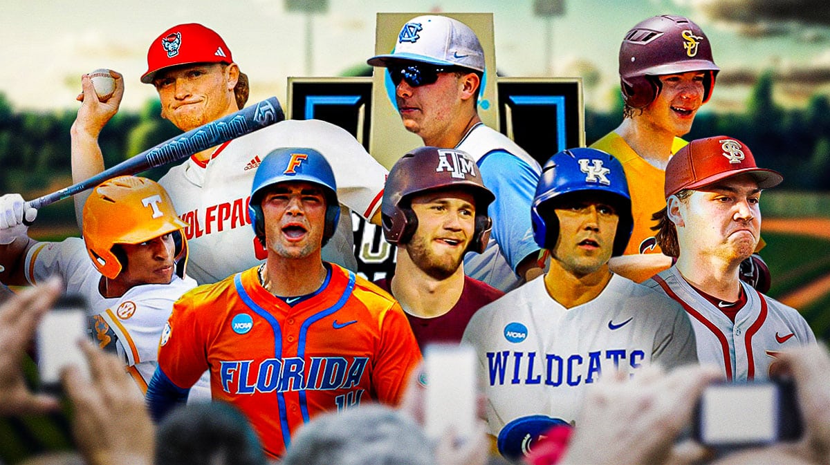 Christian Moore (Tennessee), Jac Caglianone (Florida), Gavin Grahovac (Texas A&M), Ryan Waldschmidt (Kentucky), Jamie Arnold (Florida State), Jacob Ference (Virginia), Vance Honeycutt (North Carolina), Alec Makarewicz (NC State) all together with 2024 College World Series logo in front.
