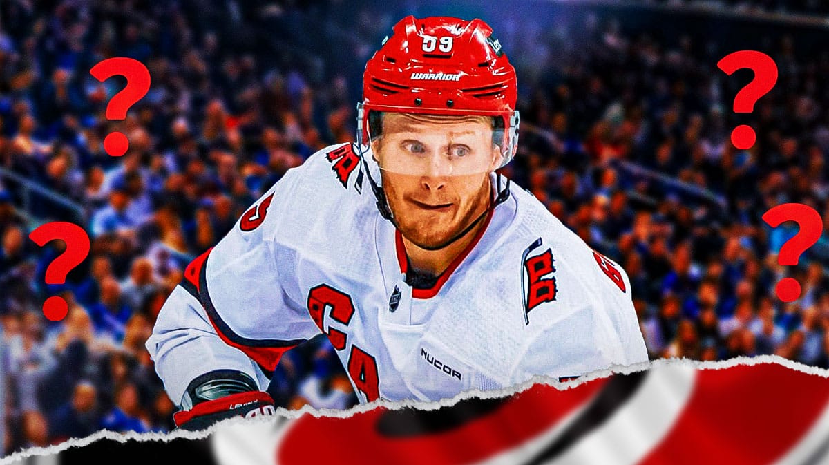 Jake Guentzel in image looking hopeful, Carolina Hurricanes logo, 3-5 question marks, hockey rink in background