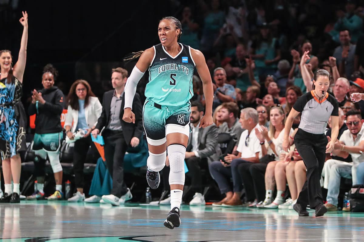 New York Liberty forward Kayla Thornton (5) celebrates after making a three point shot in the third quarter against the Las Vegas Aces at Barclays Center. 