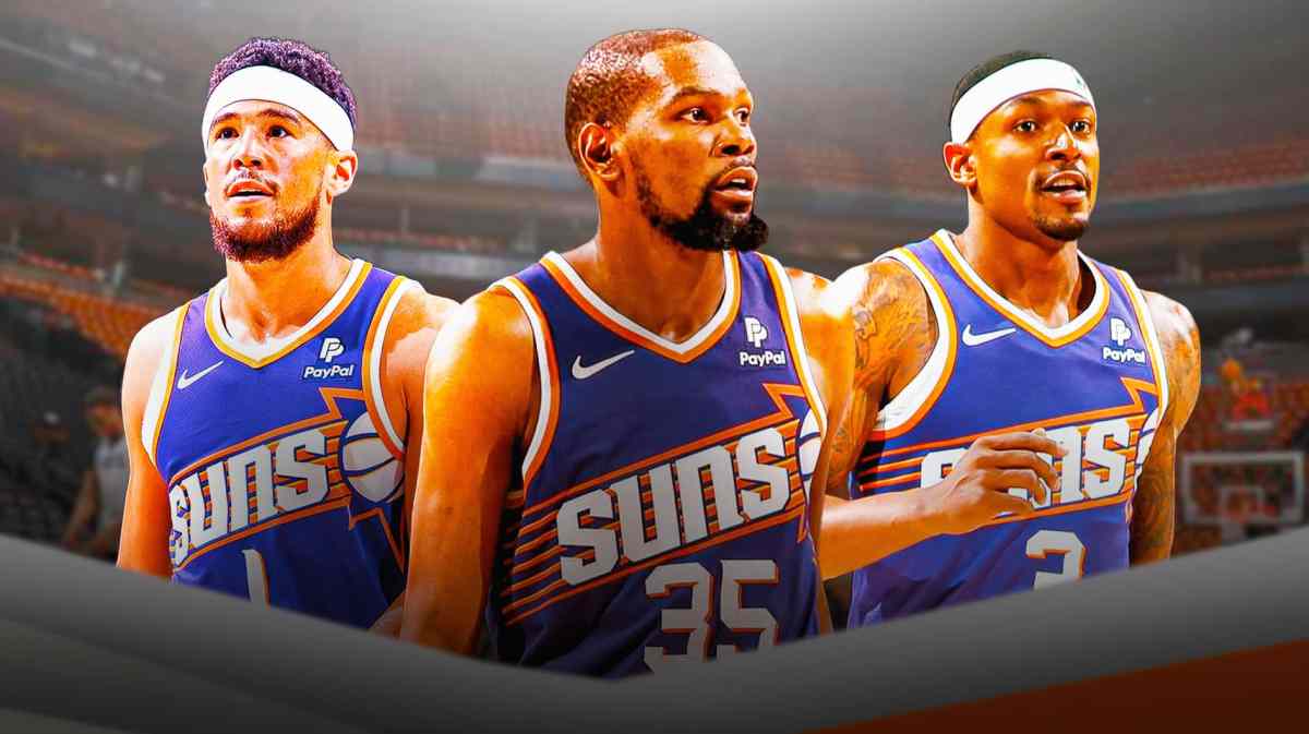 Kevin Durant, Devin Booker and Bradley Beal with the Suns arena in the background, offseason free agency roster