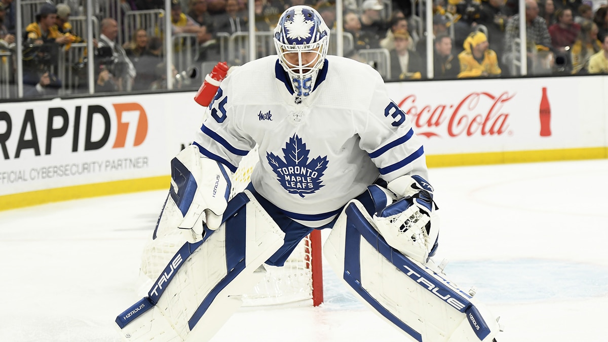 Toronto Maple Leafs goaltender Ilya Samsonov (35) skates after his stick during the first period in game seven of the first round of the 2024 Stanley Cup Playoffs against the Boston Bruins at TD Garden