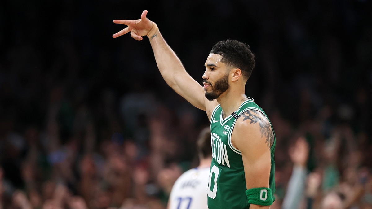 Boston Celtics forward Jayson Tatum (0) reacts after a play against the Dallas Mavericks during the second quarter in game five of the 2024 NBA Finals at TD Garden