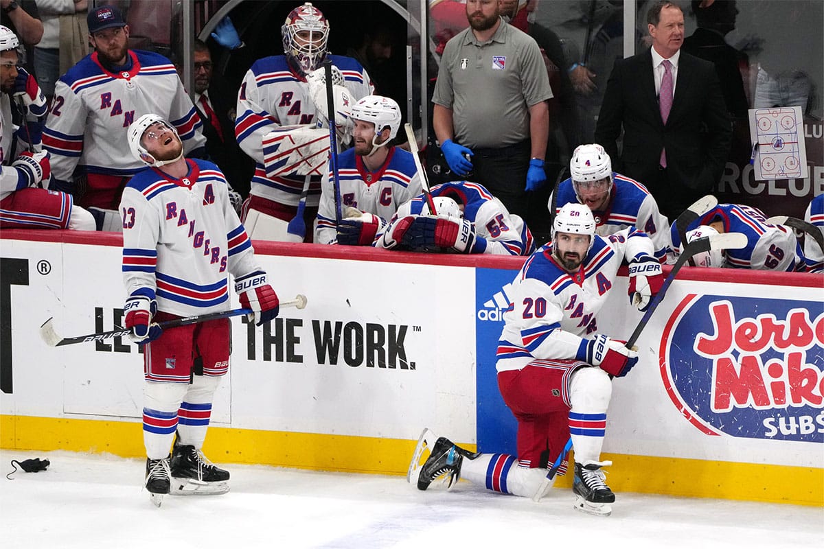 New York Rangers look on following their loss against the Florida Panthers in a close-out game six of the Eastern Conference Final of the 2024 Stanley Cup Playoffs at Amerant Bank Arena.