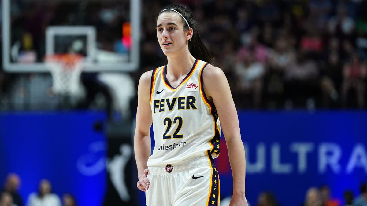Jun 10, 2024; Uncasville, Connecticut, USA; Indiana Fever guard Caitlin Clark (22) reacts after her third foul against the Connecticut Sun in the second quarter at Mohegan Sun Arena. Mandatory Credit: David Butler II-USA TODAY Sports
