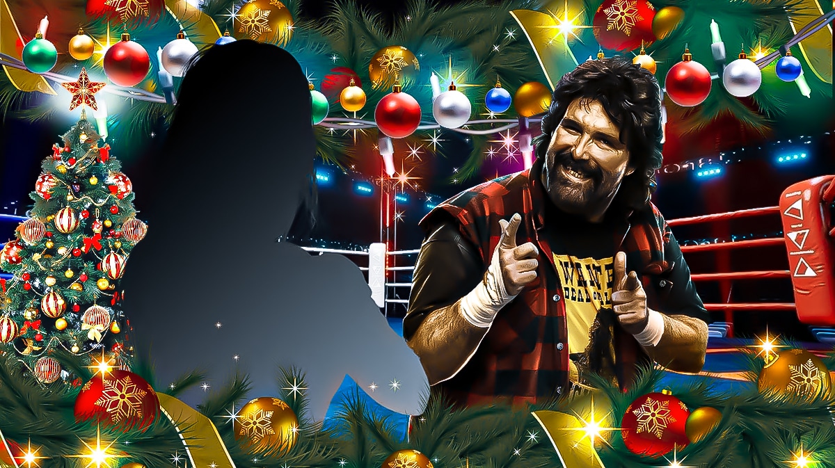 The blacked-out silhouette of Tara Zep next to Mick Foley with a Christmas motif as the background.