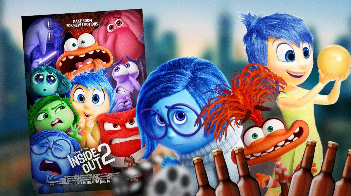 Pixar film Inside Out 2 poster with Sadness (Phyllis Smith), Anxiety (Maya Hawke), and Joy (Amy Poehler) emotions.
