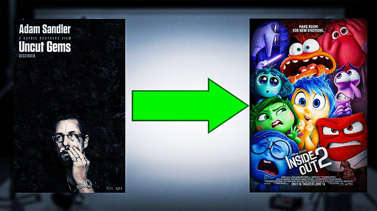 Uncut Gems poster with arrow pointing at Inside Out 2 poster.
