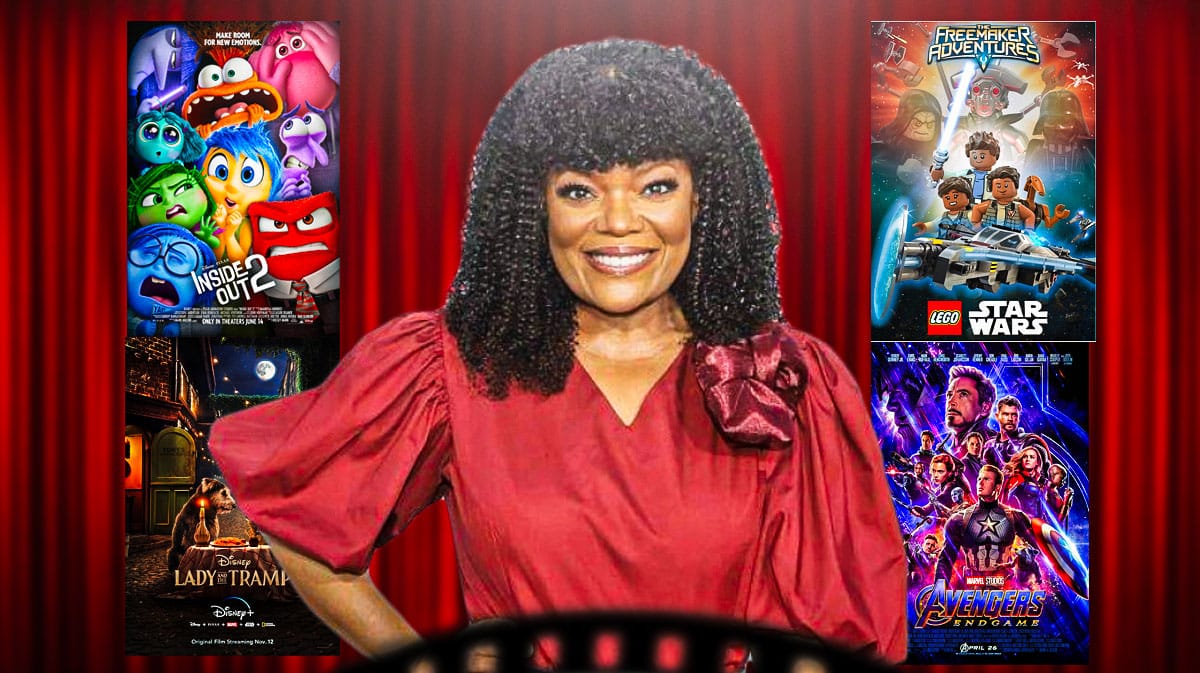 Yvette Nicole Brown with Pixar Inside Out 2, Disney+'s Lady and the Tramp, MCU Avengers Endgame, and Lego Star Wars: The Freemaker Adventures posters.