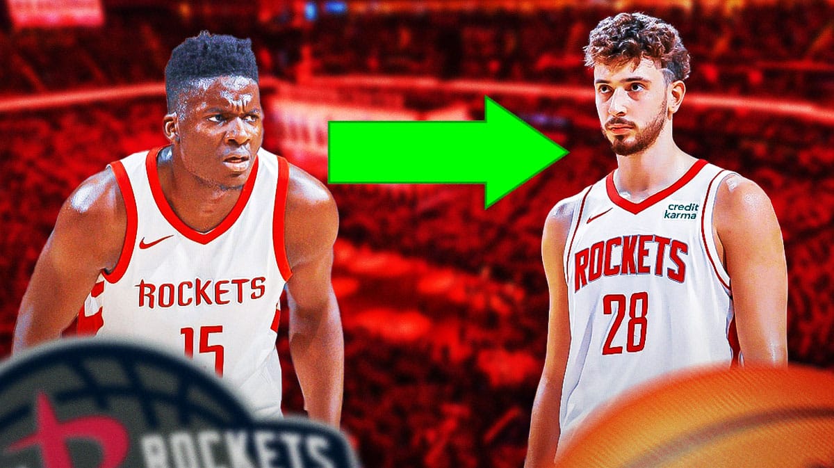 Clint Capela in a Rockets jersey on left with a big green arrow pointing toward Alperen Sengun in a Rockets uniform on the right.