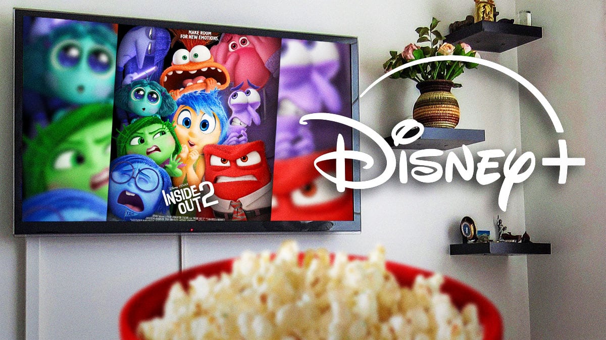 Inside Out 2 poster on TV with Disney+ logo.