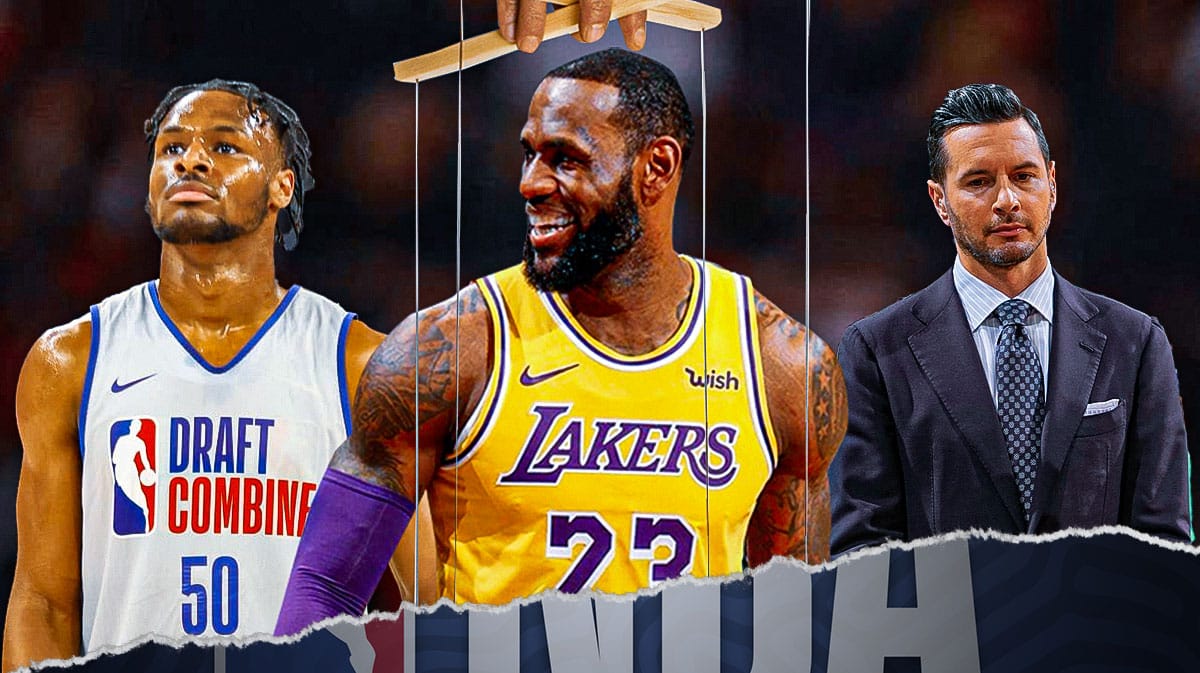 Lakers forward LeBron James in between Bronny James and JJ Redick