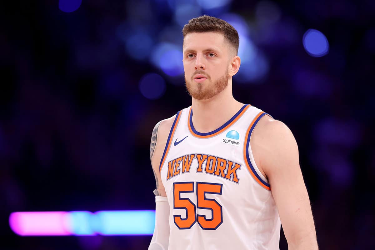 New York Knicks center Isaiah Hartenstein (55) reacts during the third quarter of game seven of the second round of the 2024 NBA playoffs against the Indiana Pacers at Madison Square Garden.