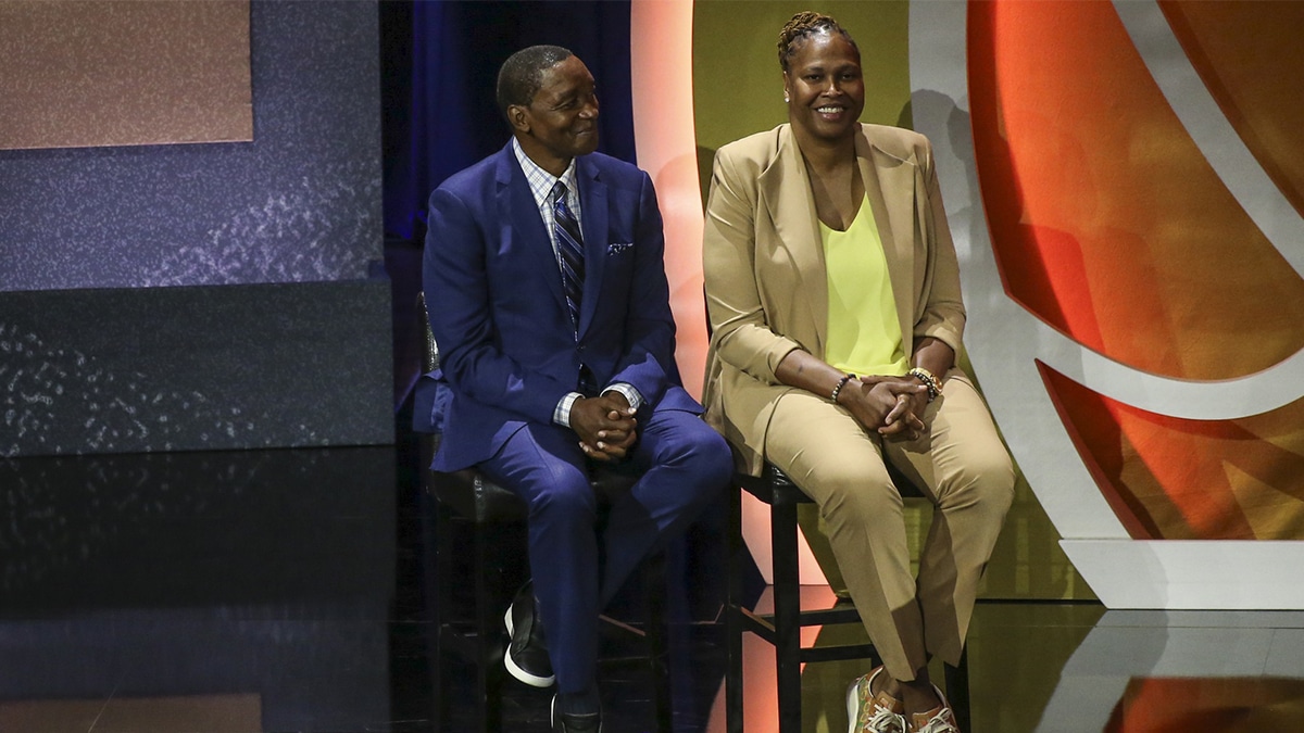 Isiah Thomas and Yolanda Griffith on stage during the induction of Tim Hardaway into the Basketball Hall of Fame at Symphony Hall. 