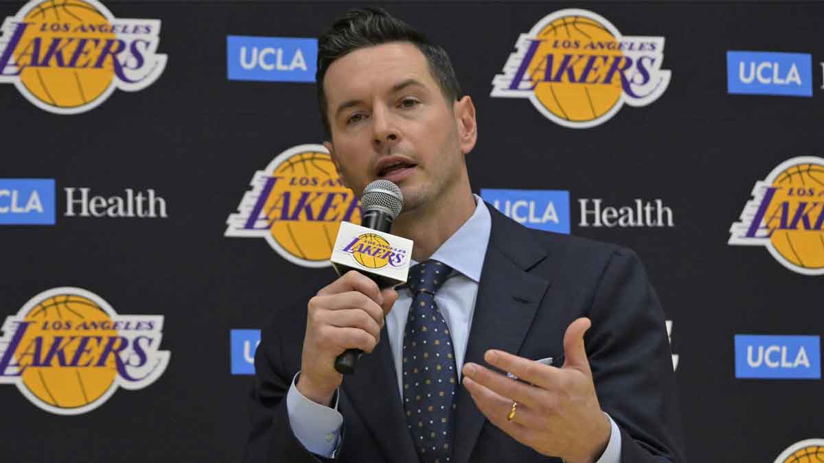 The Los Angeles Lakers head coach JJ Redick speaks to the media during an introductory news conference at the UCLA Health Training Center. 