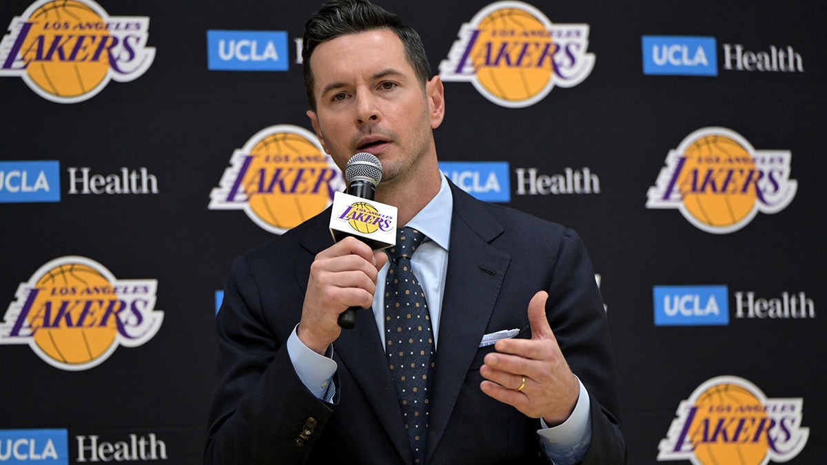 Los Angeles Lakers head coach JJ Redick speaks to the media during an introductory news conference at the UCLA Health Training Center. 