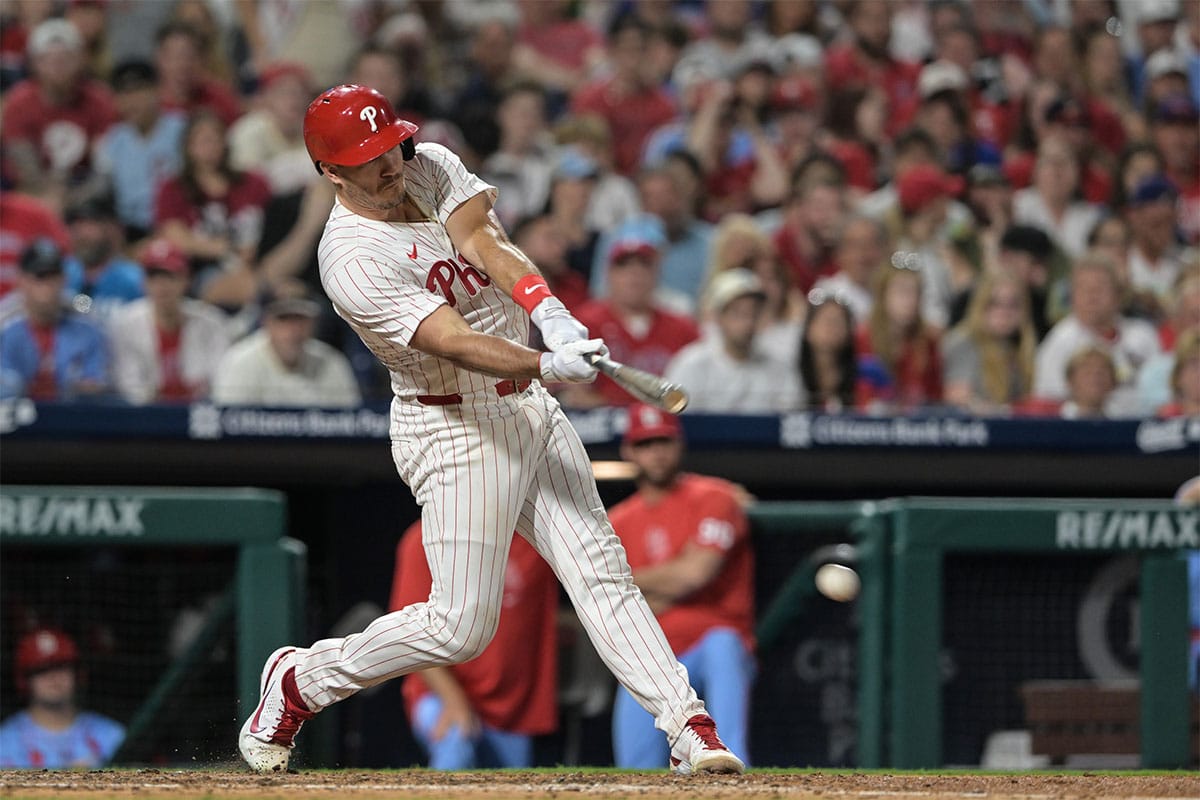 Philadelphia Phillies catcher J.T. Realmuto (10) hits a single in the seventh inning against the St. Louis Cardinals at Citizens Bank Park. Philadelphia won 6-1.