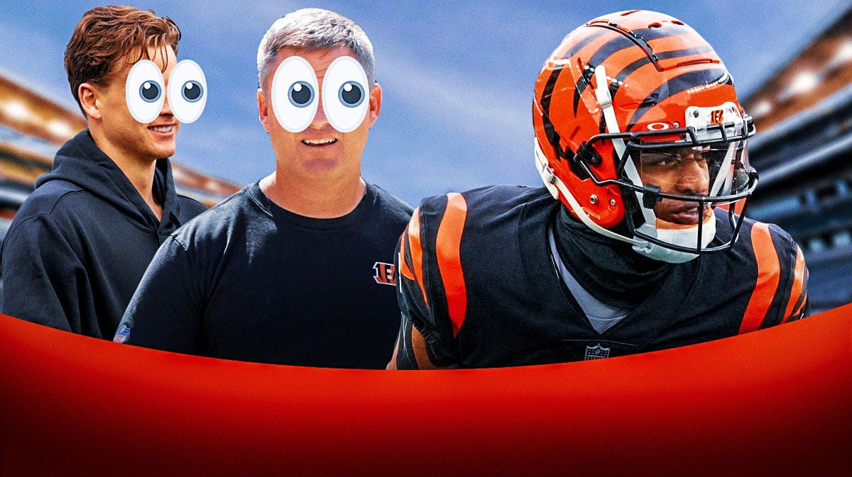 Zac Taylor and Joe Burrow with big eye emojis looking at Ja'Marr Chase