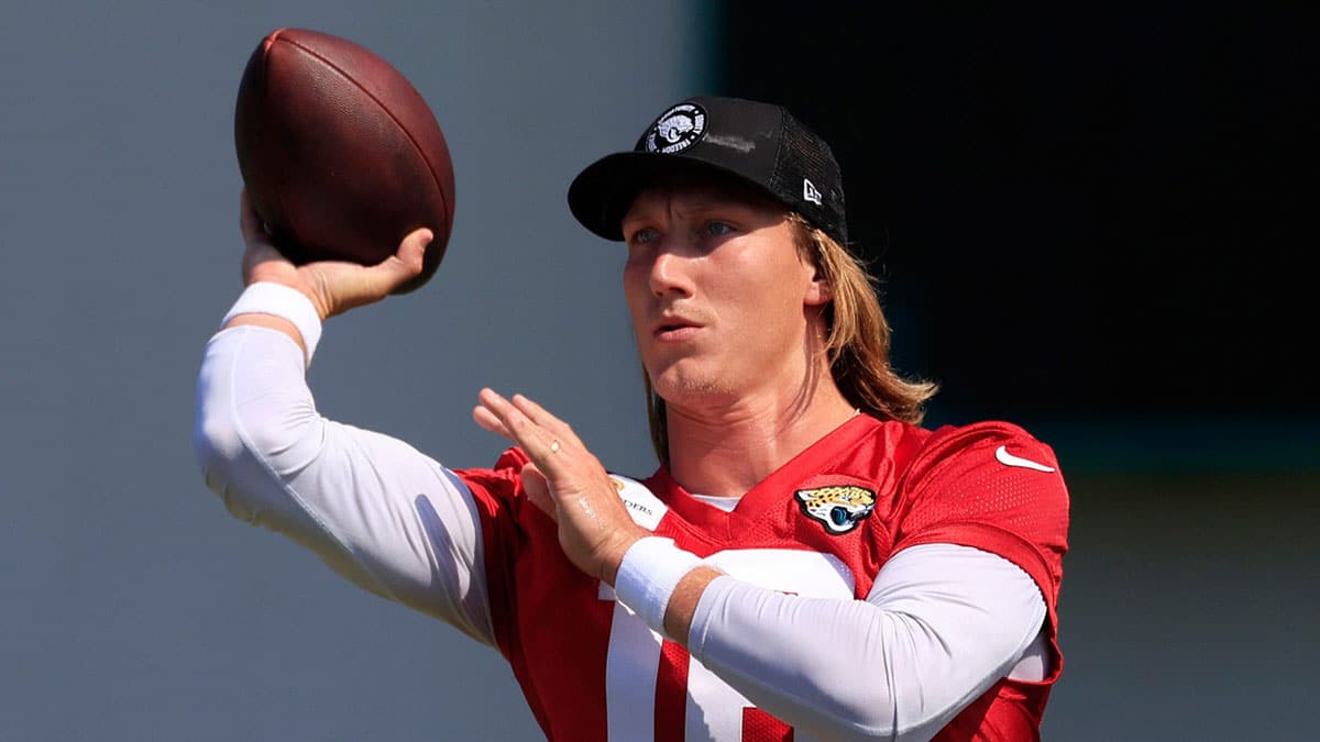 Jacksonville Jaguars quarterback Trevor Lawrence (16) throws the ball during an organized team activity Tuesday, May 28, 2024 at EverBank Stadium’s Miller Electric Center in Jacksonville, Fla.