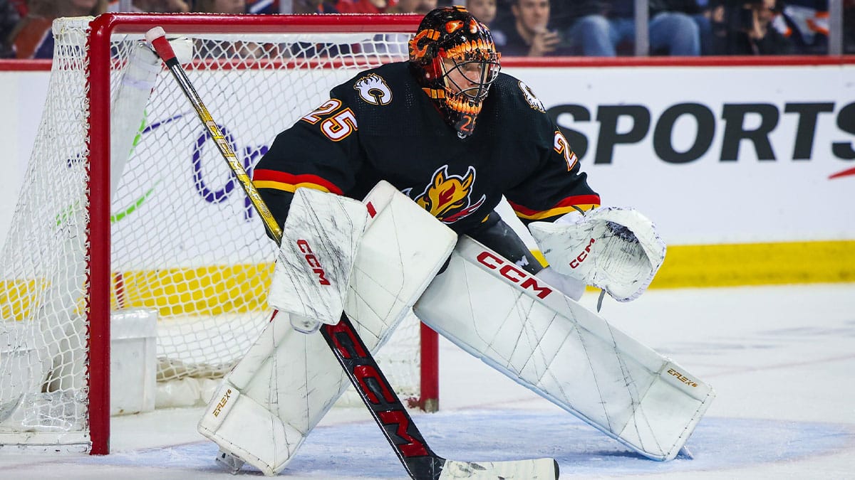 Calgary Flames goaltender Jacob Markstrom (25) guards his net against the Edmonton Oilers during the third period at Scotiabank Saddledome.