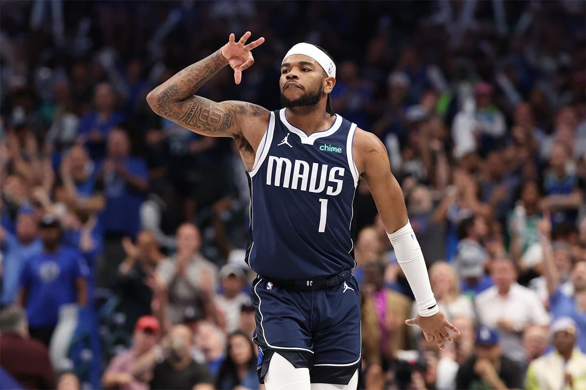 Dallas Mavericks guard Jaden Hardy (1) gestures against the Minnesota Timberwolves during the fourth quarter of game four of the western conference finals for the 2024 NBA playoffs at American Airlines Center. 
