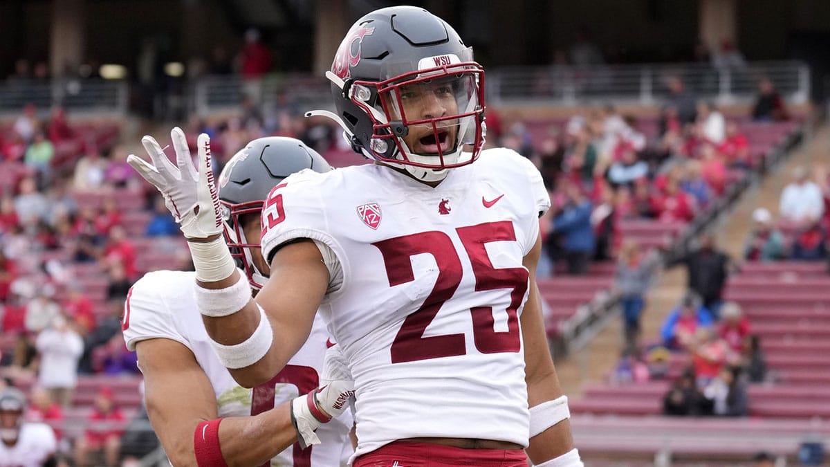 Washington State Cougars defensive back Jaden Hicks (25) celebrates after scoring a touchdown against the Stanford Cardinal