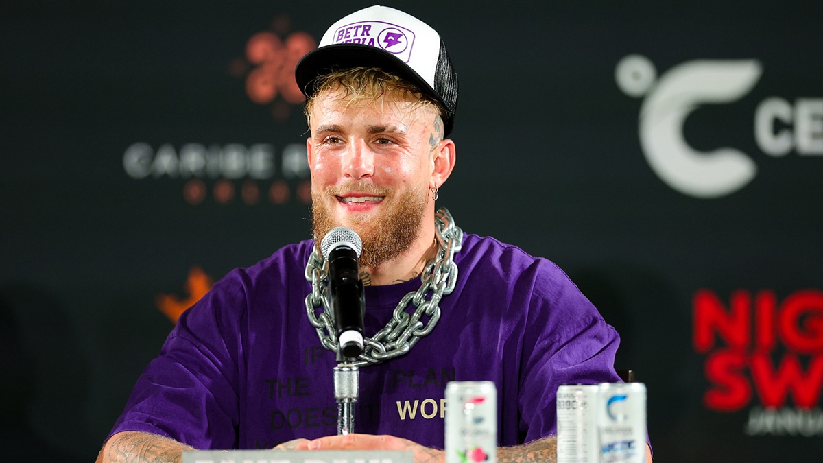 Jake Paul gives a press conference after knocking out Andre August in the first round at the Caribe Royale Orlando.