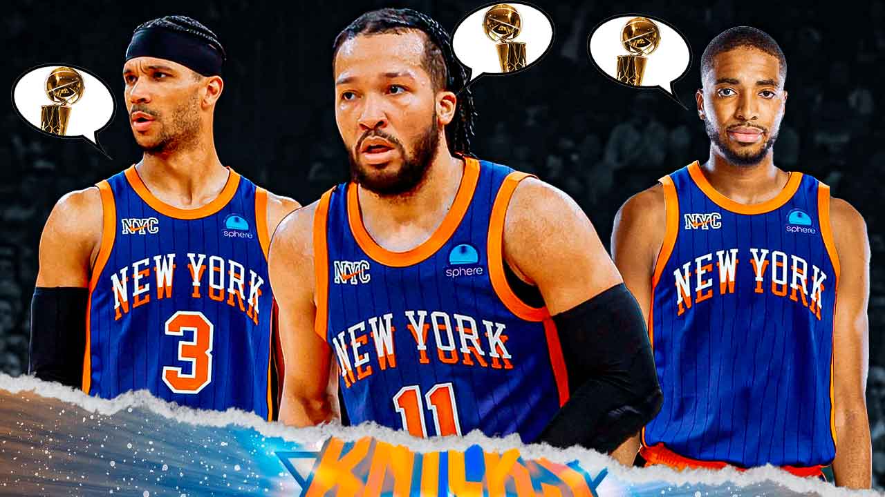 Jalen Brunson, Josh Hart, Mikal Bridges in Knicks uniforms, with thought bubble on three of them containing image of Larry O'Brien trophy