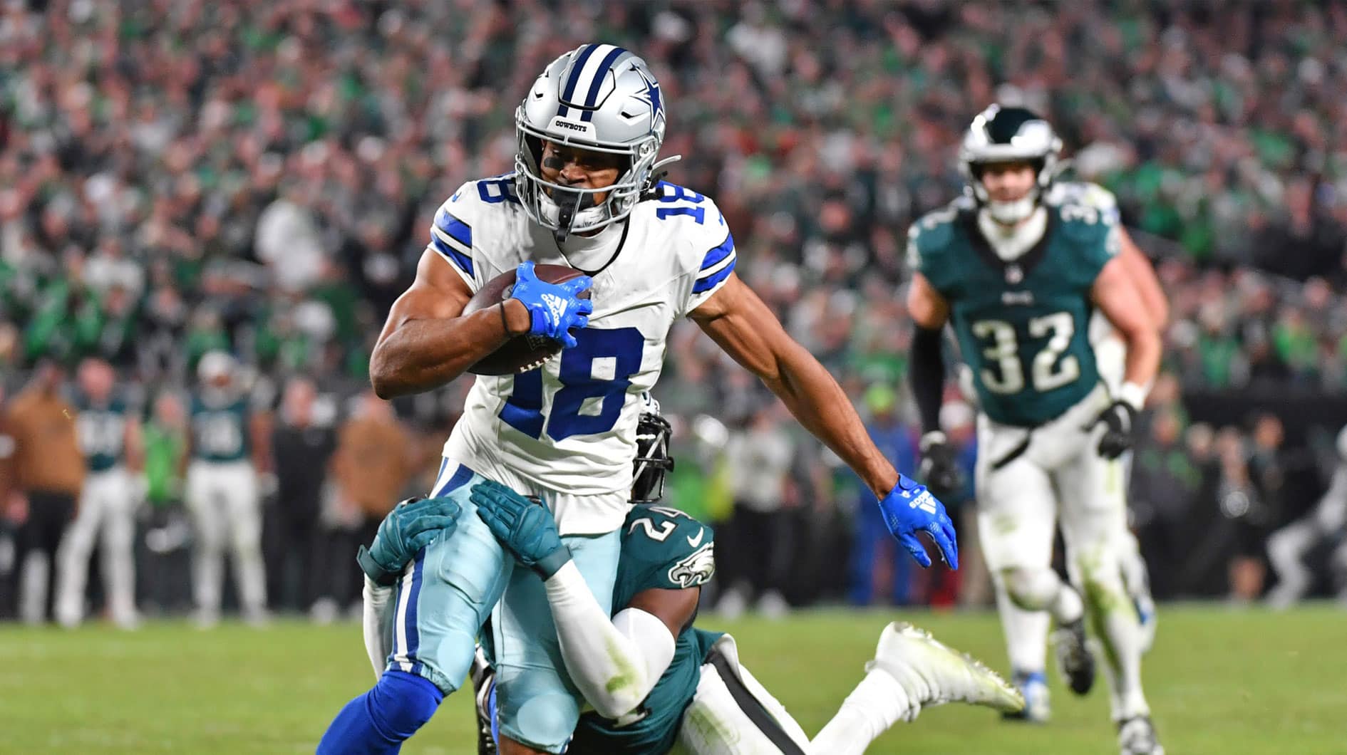 Philadelphia Eagles cornerback James Bradberry (24) tackles Dallas Cowboys wide receiver Jalen Tolbert (18) during the fourth quarter at Lincoln Financial Field.