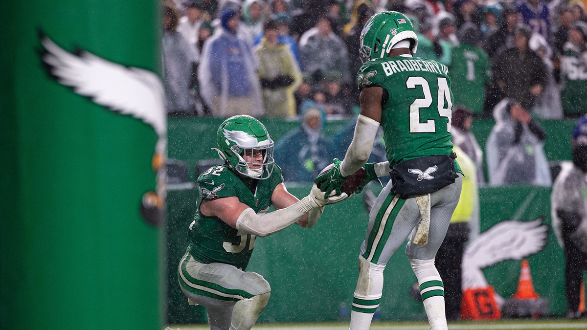 Philadelphia Eagles cornerback James Bradberry (24) celebrates his interception against the Buffalo Bills with safety Reed Blankenship (32) at Lincoln Financial Field.