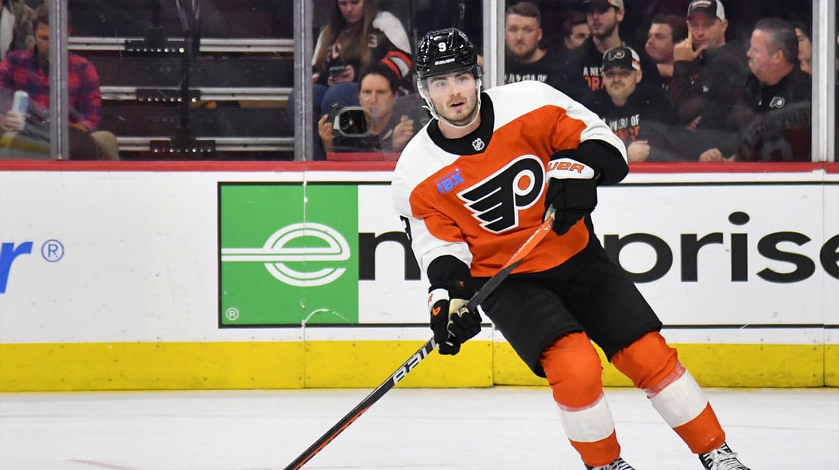 Philadelphia Flyers defenseman Jamie Drysdale (9) against the Washington Capitals at Wells Fargo Center.