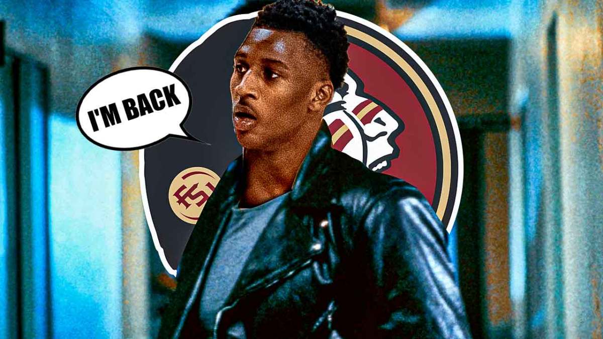 Terminator but it has Jamir Watkins head with speech bubble: "I'M BACK" Florida State logo in the background.