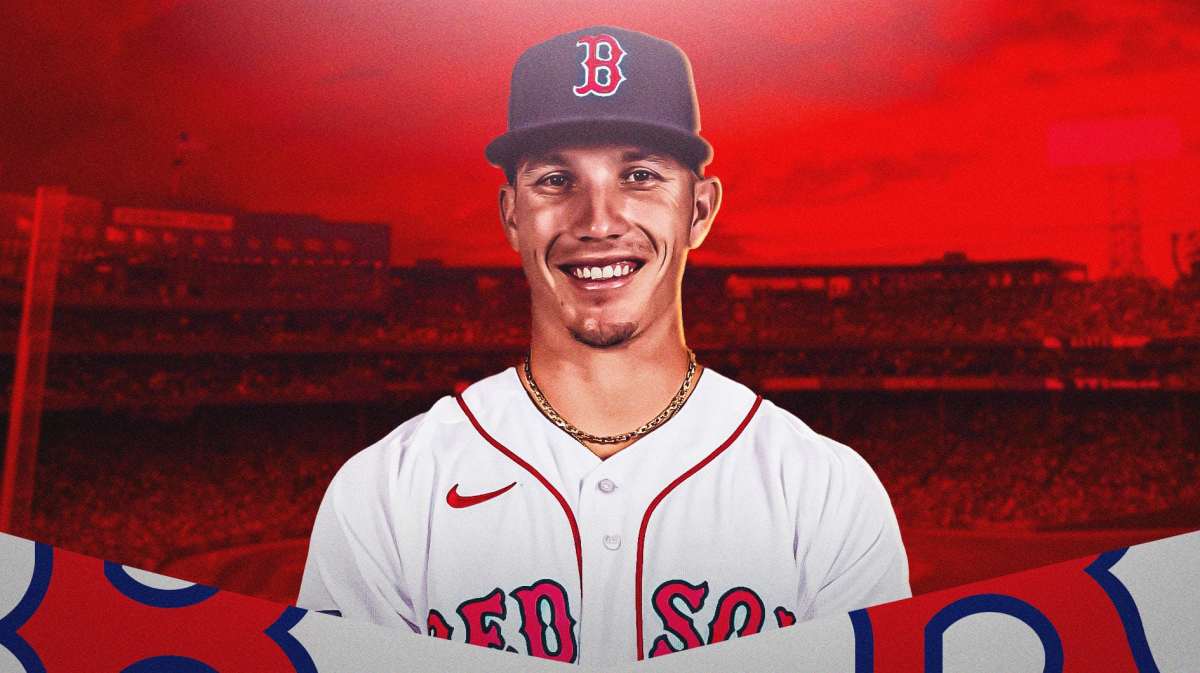 Boston Red Sox star Jarren Duran in front of Fenway Park.