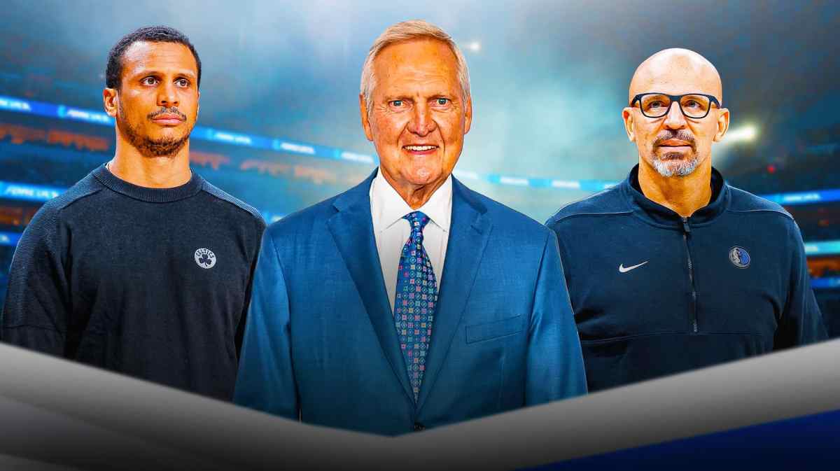Jerry West in middle. Mavericks Jason Kidd on left, Celtics Joe Mazzulla on right.