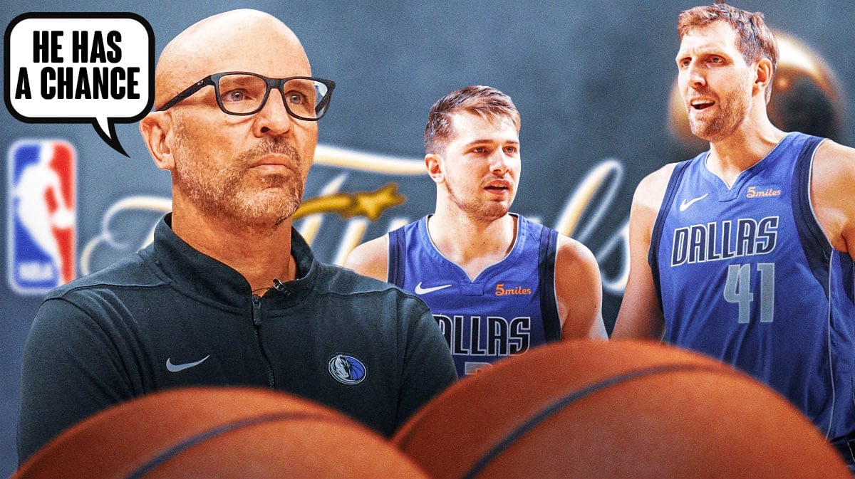Mavericks' Jason Kidd saying "He has a chance" next to Luka Doncic and Dirk Nowitzki