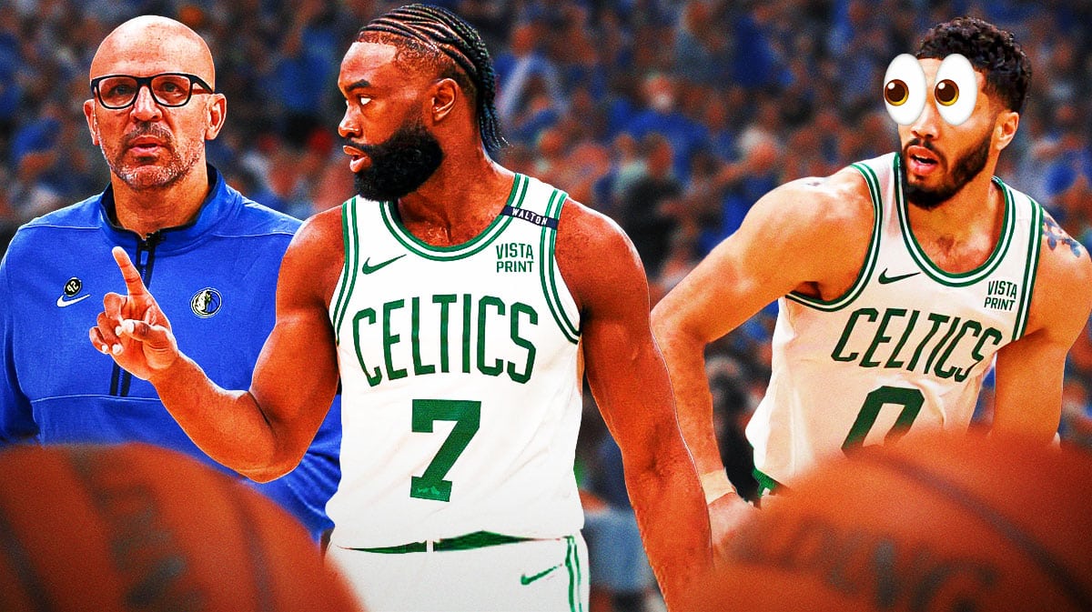 Mavericks' Jason Kidd and Celtics' Jaylen Brown both standing together on left. On right, have Celtics' Jayson Tatum with eyes popping out looking at them.