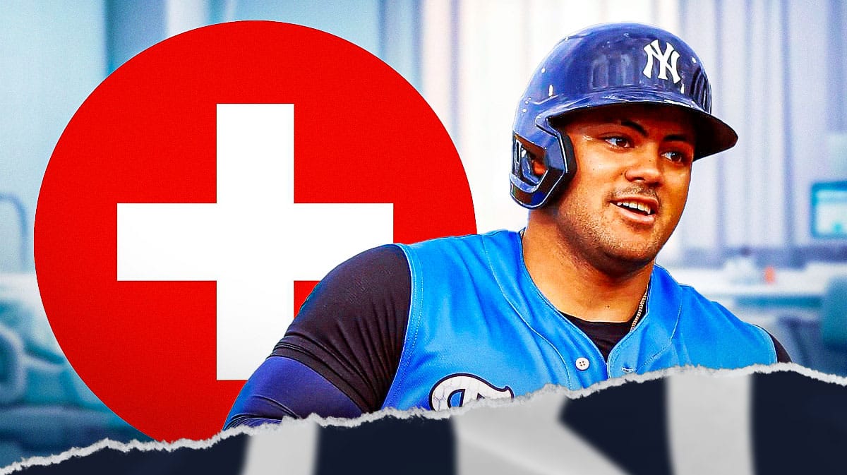 Jasson Dominguez frowns next to hospital sign