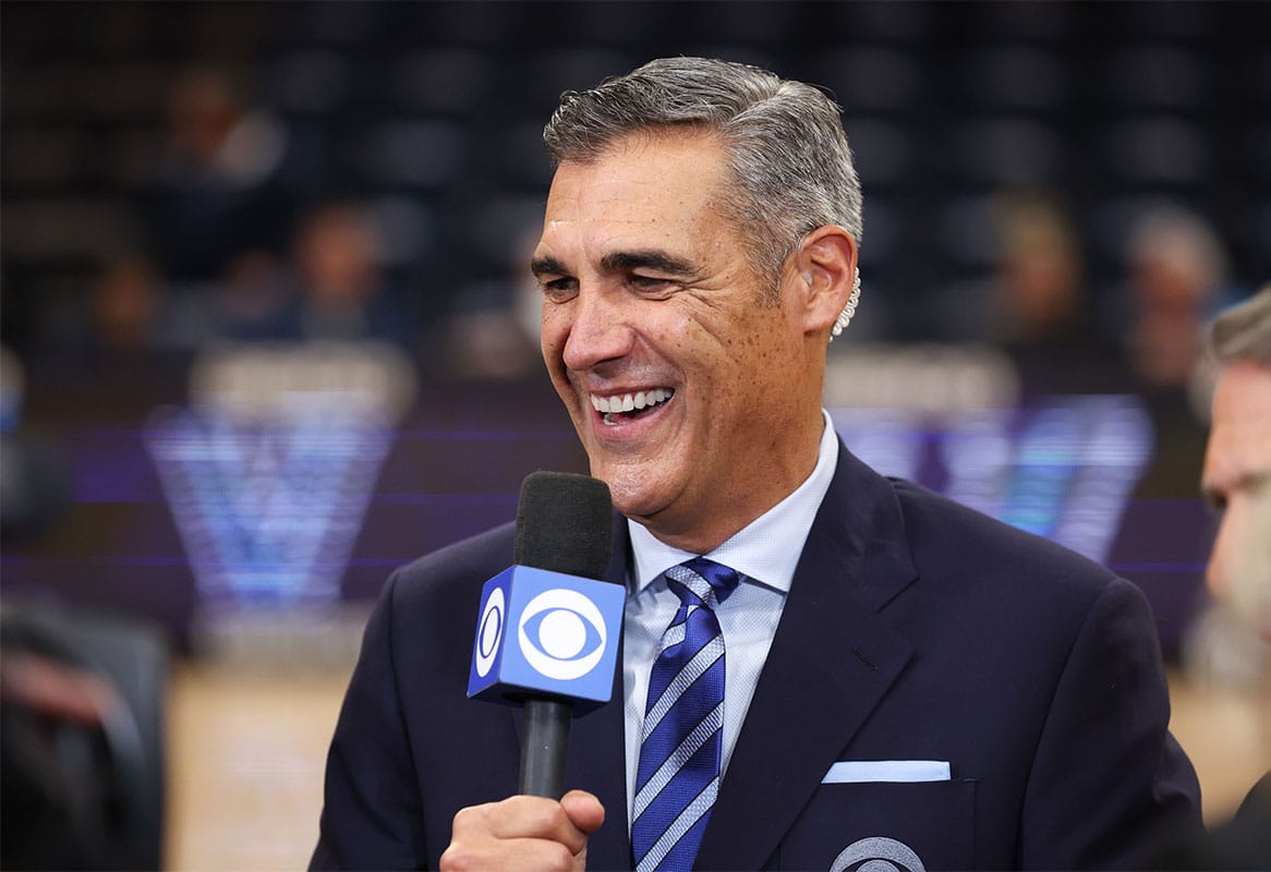 Former Villanova head coach and current CBS analyst Jay Wright before a game between the Villanova Wildcats and the Pennsylvania Quakers at William B. Finneran Pavilion.