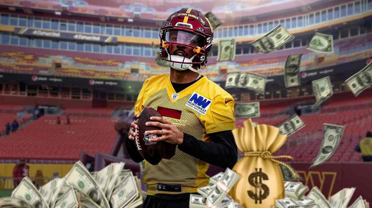 Jayden Daniels with money falling around him