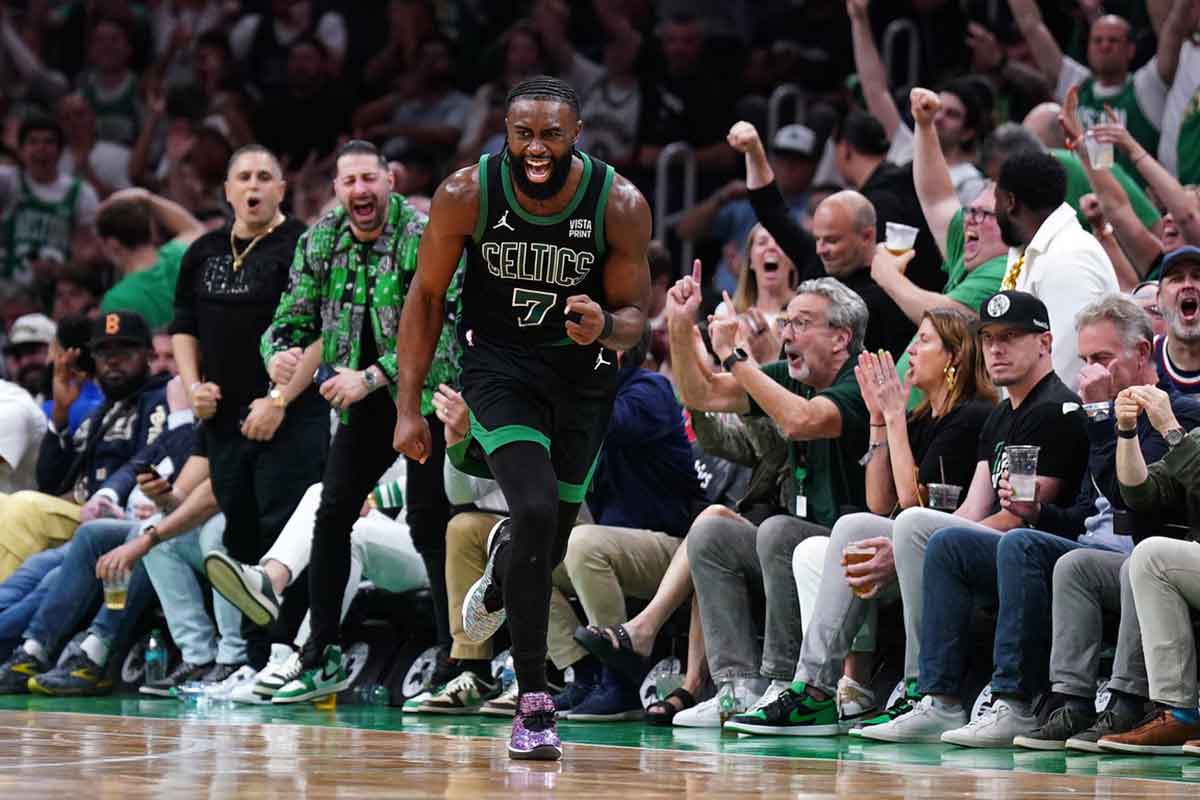 Boston Celtics guard Jaylen Brown (7) reacts after a play against the Indiana Pacers in the second half during game two of the eastern conference finals for the 2024 NBA playoffs at TD Garden.